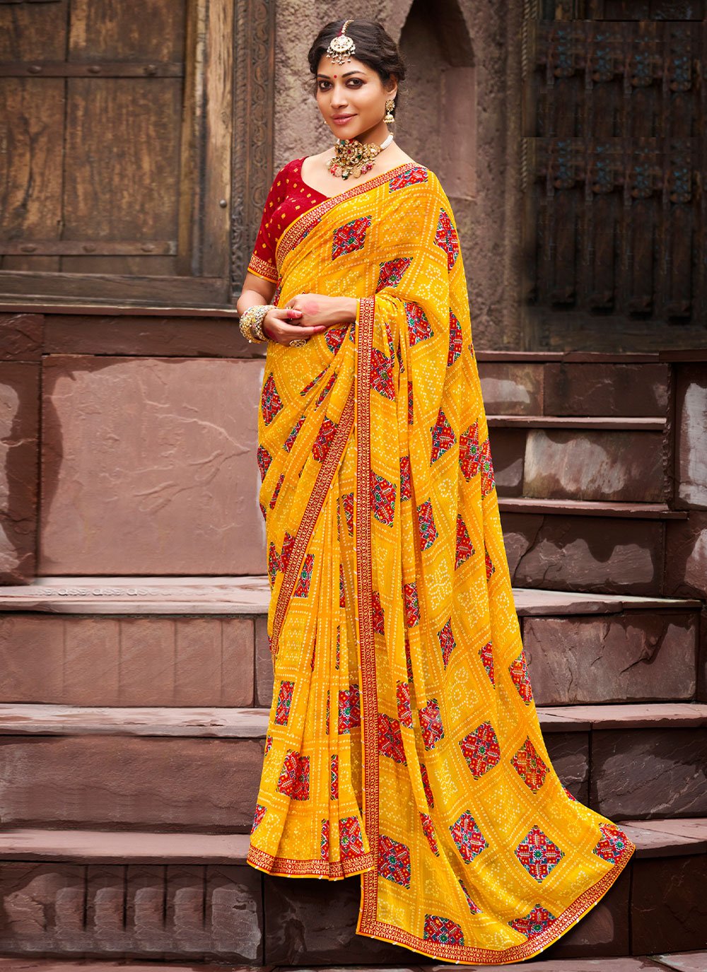 Handloom Yellow Georgette Banarasi Bandhej Saree with Zari Border –  WeaverStory