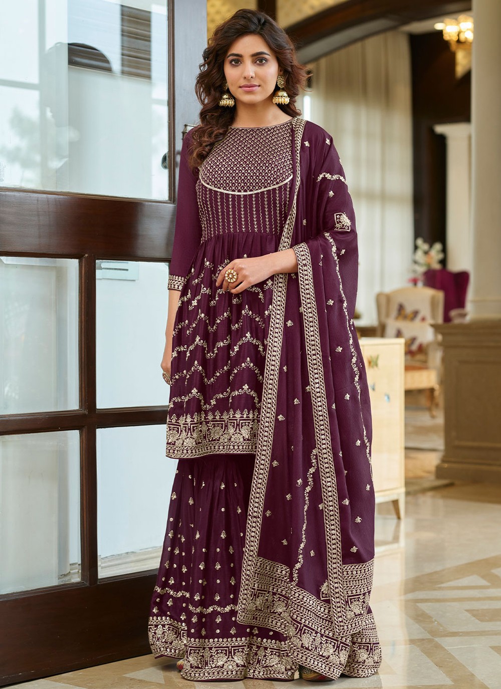 Chinon Embroidered Designer Pakistani Salwar Suit in Purple