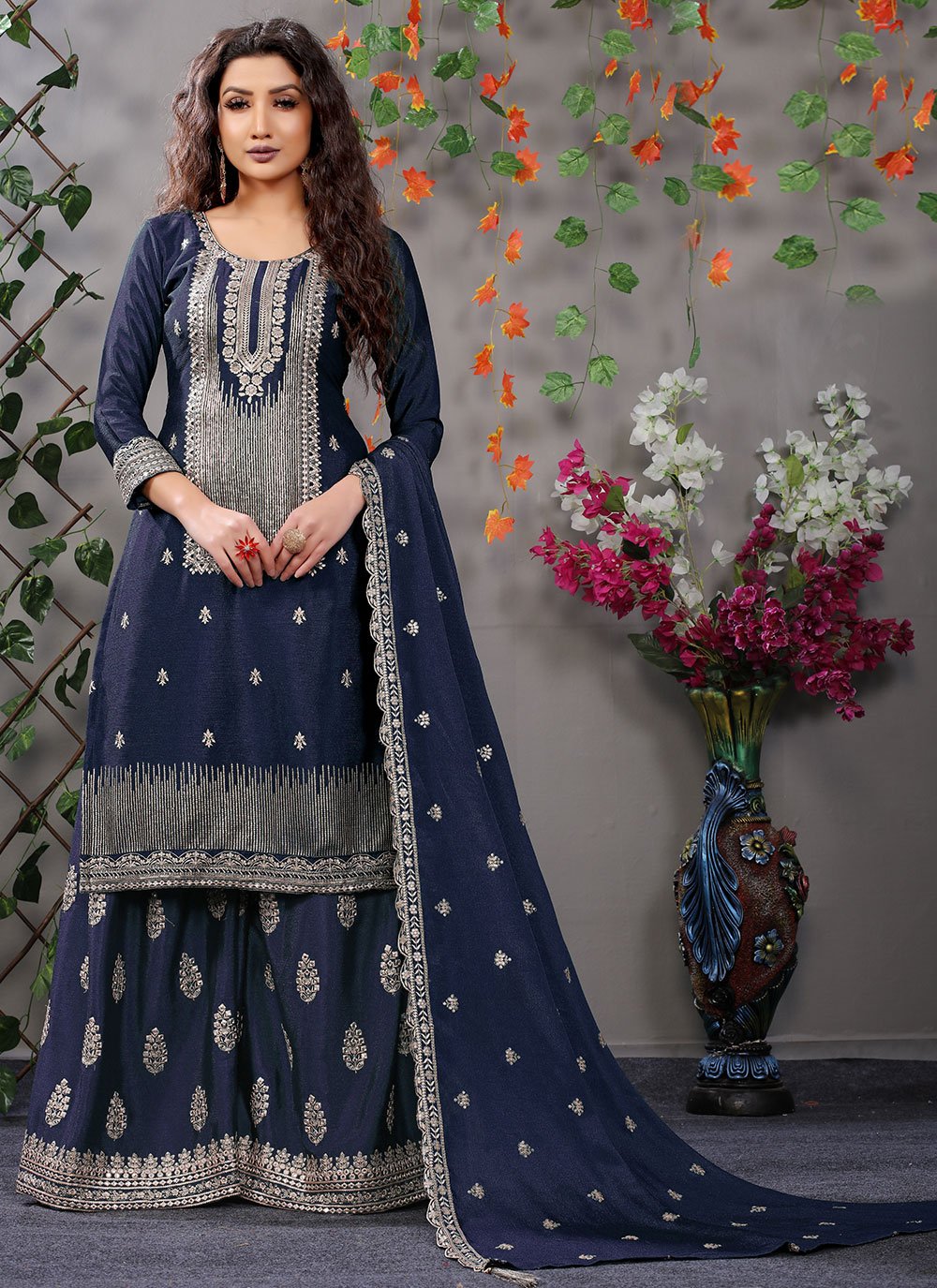 Chinon Embroidered Designer Pakistani Suit in Navy Blue