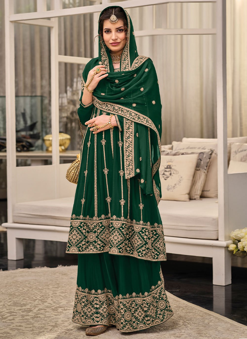 Chinon Embroidered Green Palazzo Salwar Suit