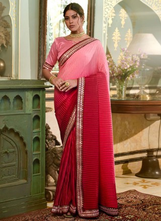 Chinon Embroidered Pink Classic Saree