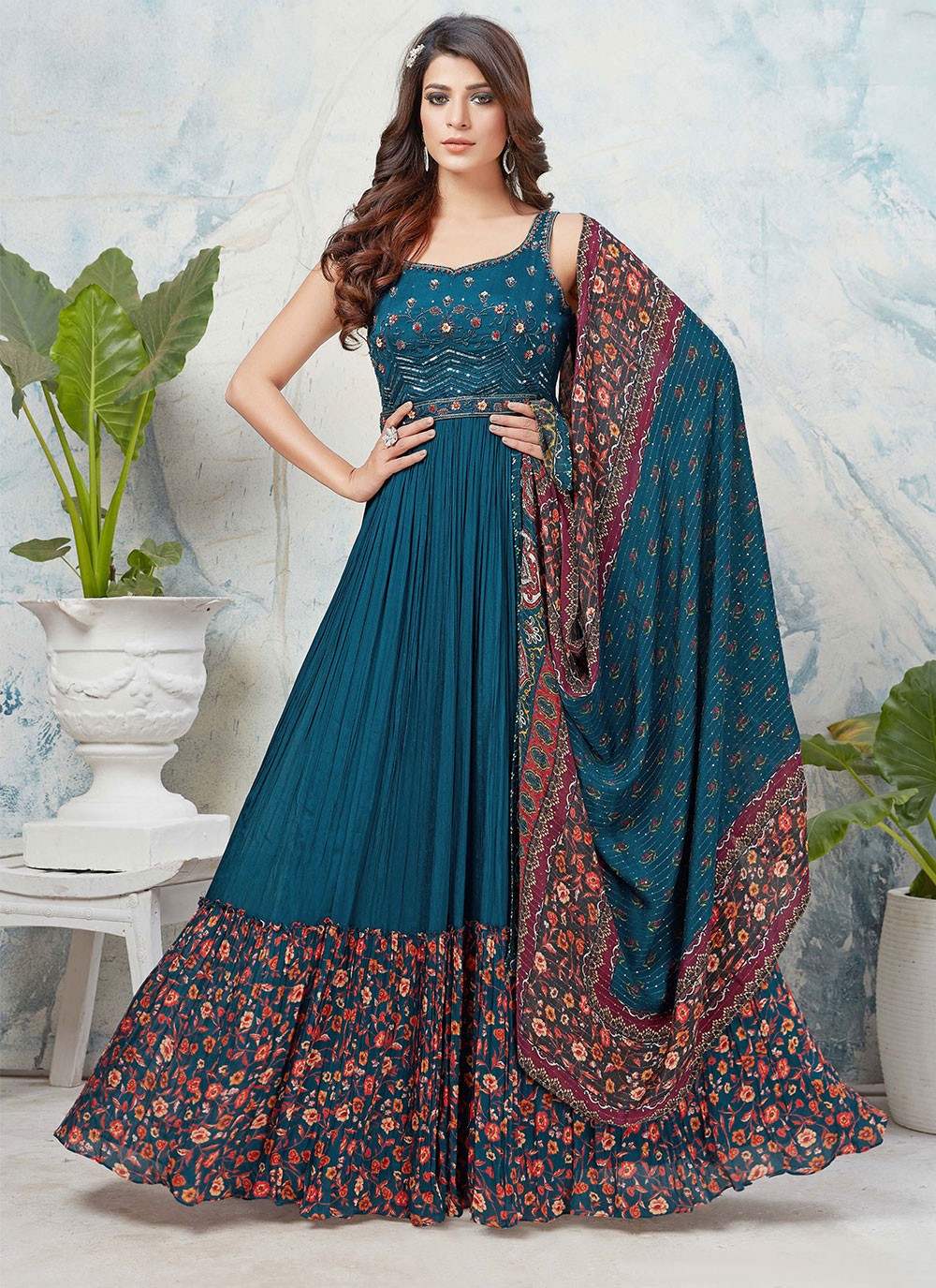 Chinon Embroidered Readymade Designer Salwar Suit in Teal