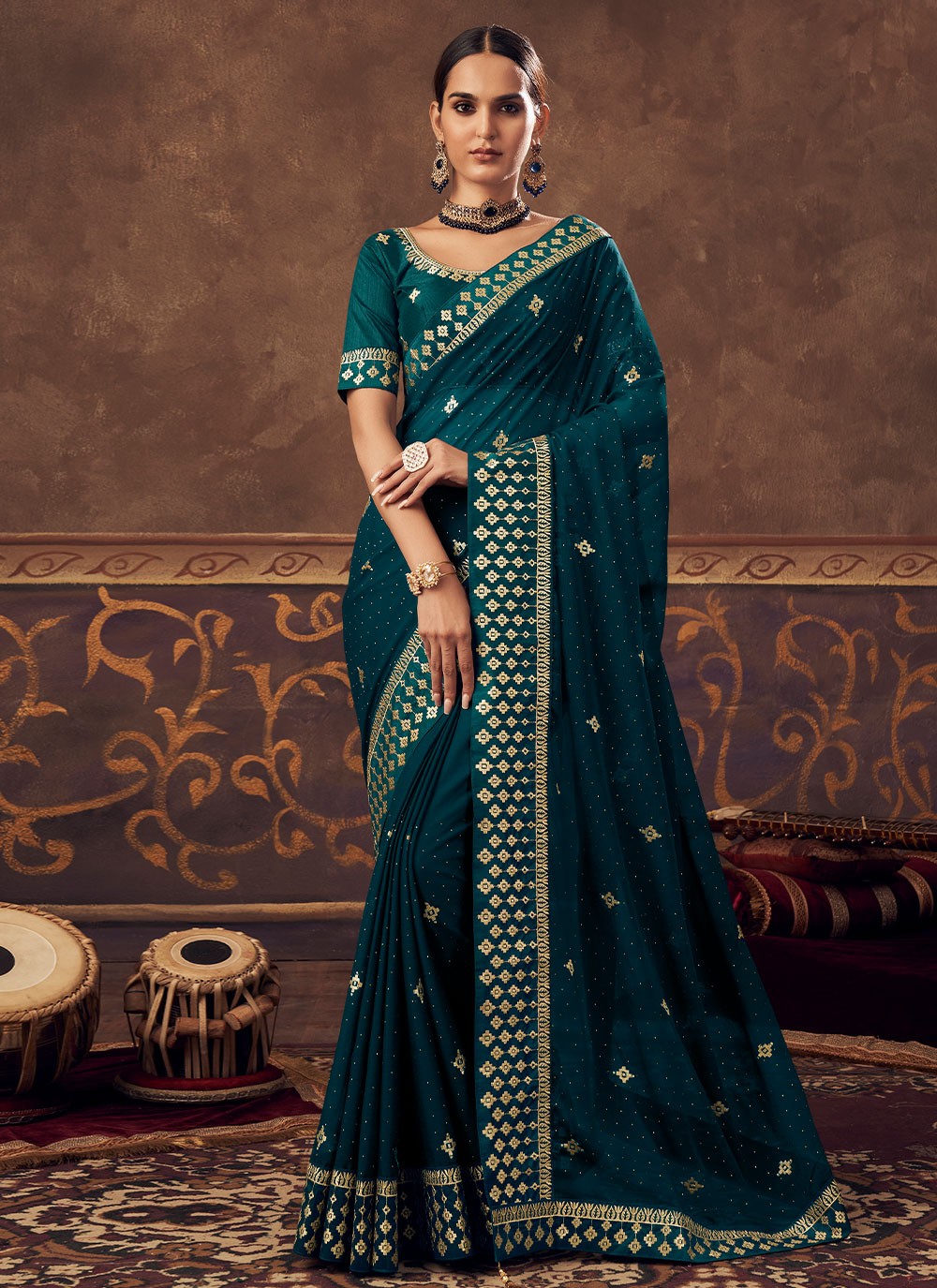 Chinon Embroidered Traditional Saree in Teal