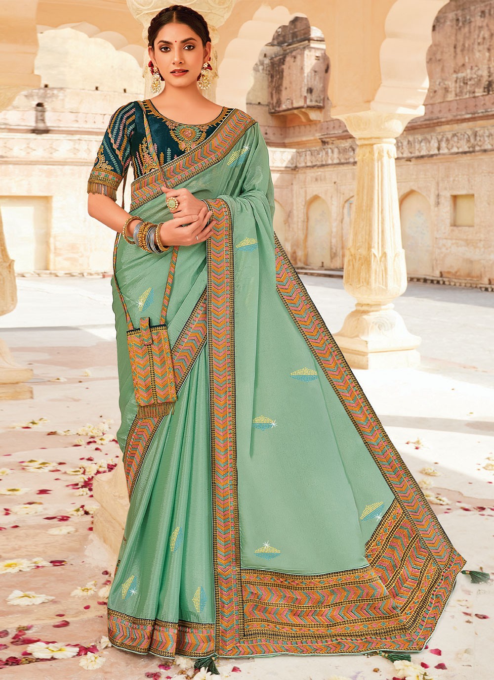 Chinon Embroidered Turquoise Classic Saree