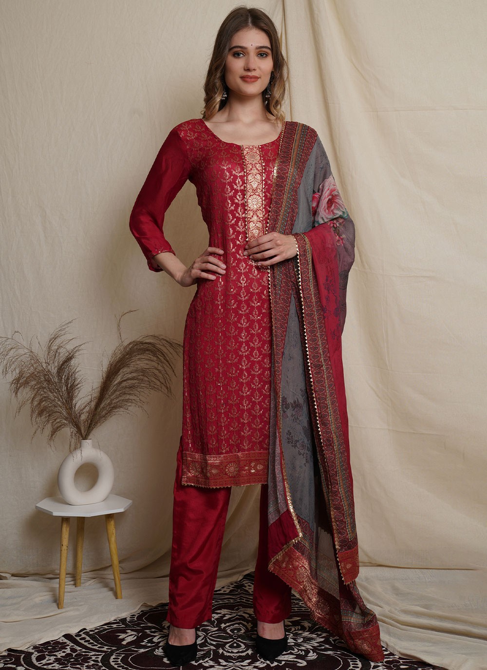 Chinon Maroon Embroidered Pant Style Suit