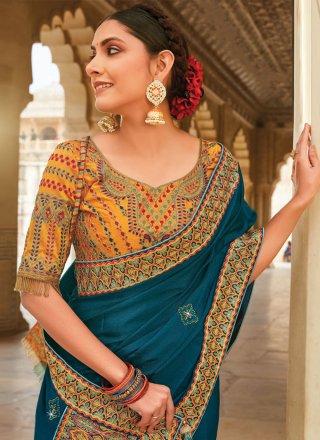 Chinon Teal Embroidered Traditional Saree