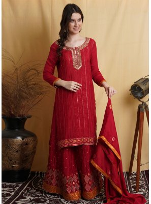 Chinon Thread Red Palazzo Salwar Suit