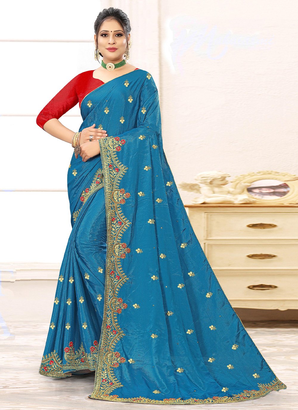 Chinon Turquoise Weaving Classic Designer Saree
