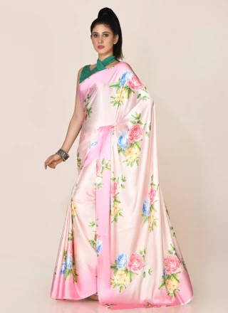Classic Designer Saree Digital Print Satin in Pink