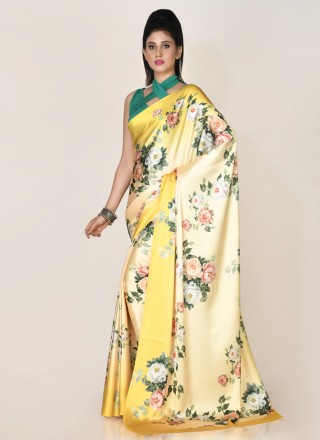 Classic Designer Saree Digital Print Satin in Yellow