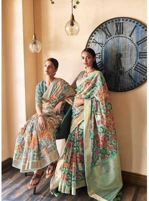 Classic Saree Digital Print Linen in Multi Colour