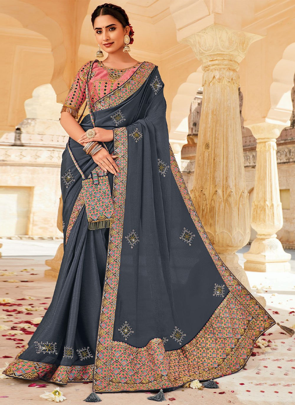 Classic Saree Embroidered Faux Crepe in Grey