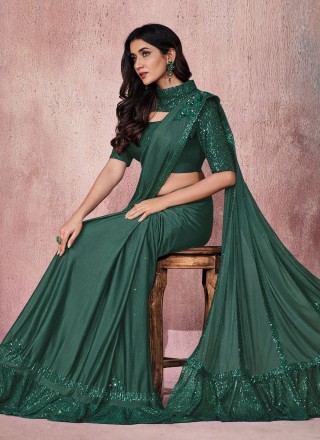 Classic Saree Embroidered Lycra in Green