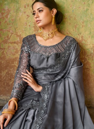 Classic Saree Embroidered Satin in Grey