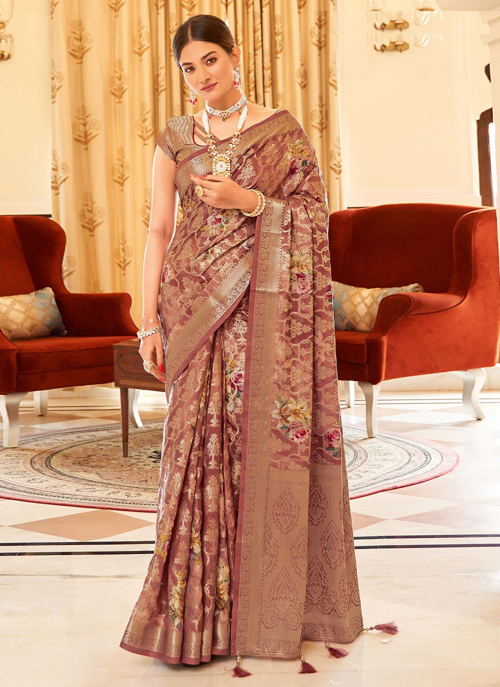 Classic Saree Print Silk in Maroon