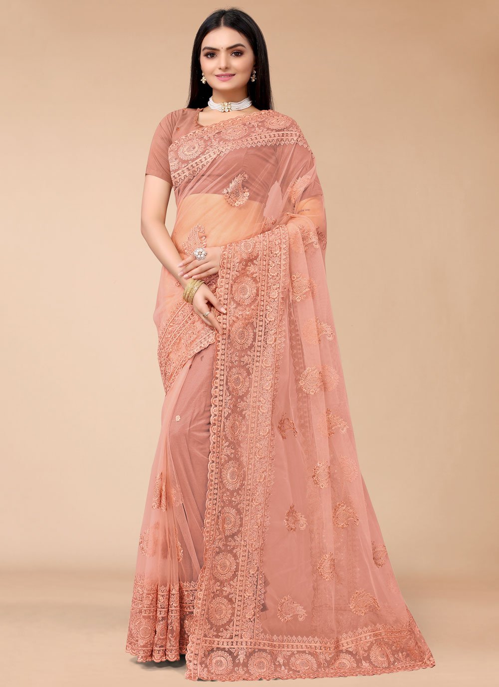 Contemporary Saree Embroidered Net in Peach