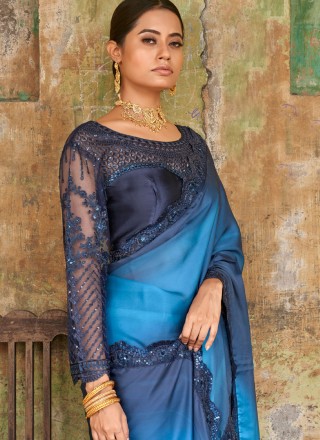 Contemporary Saree Lace Satin in Blue