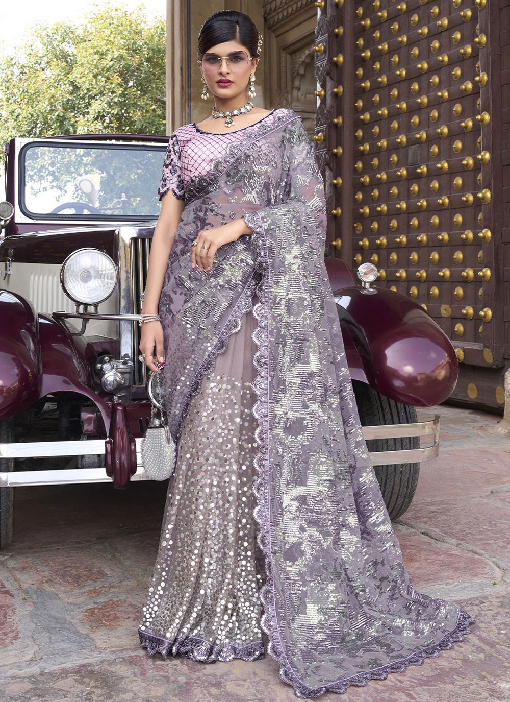 Contemporary Saree Sequins Imported in Purple