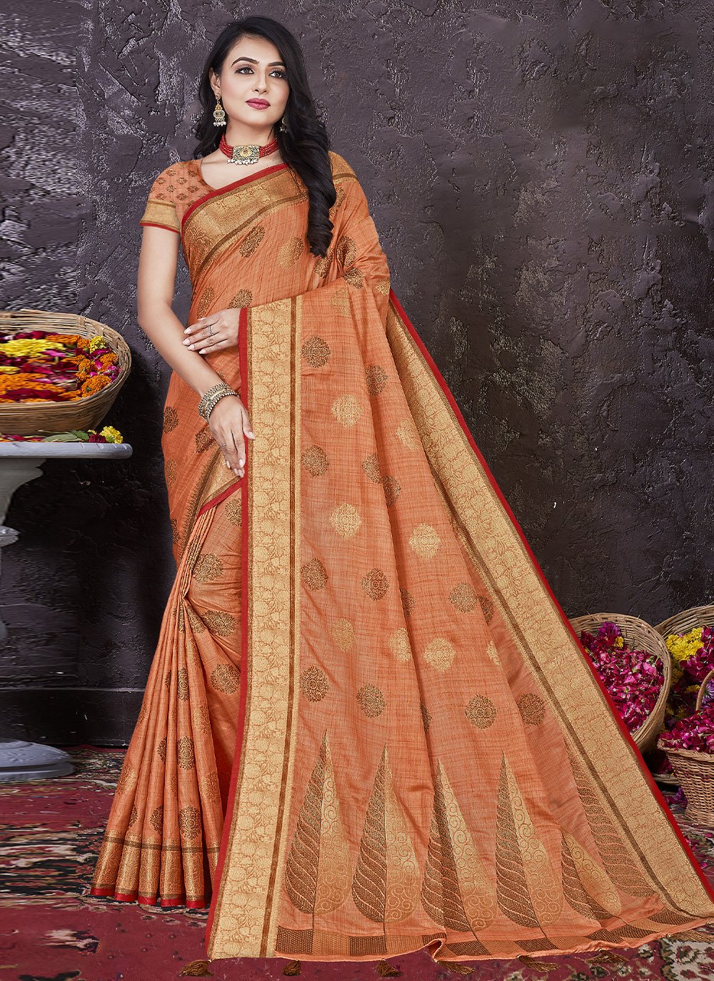 Contemporary Saree Weaving Silk in Orange