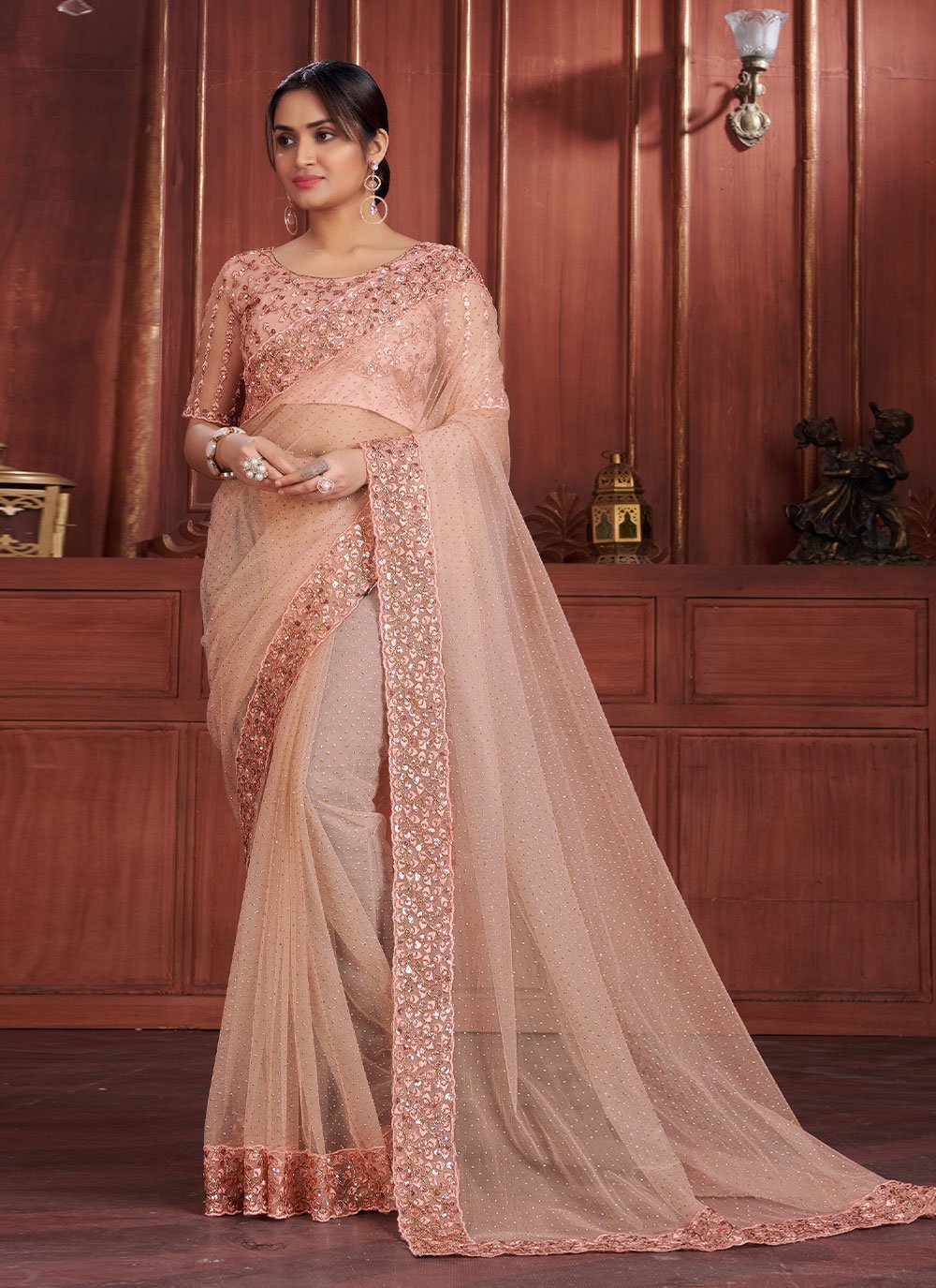 Contemporary Style Saree Embroidered Net in Peach