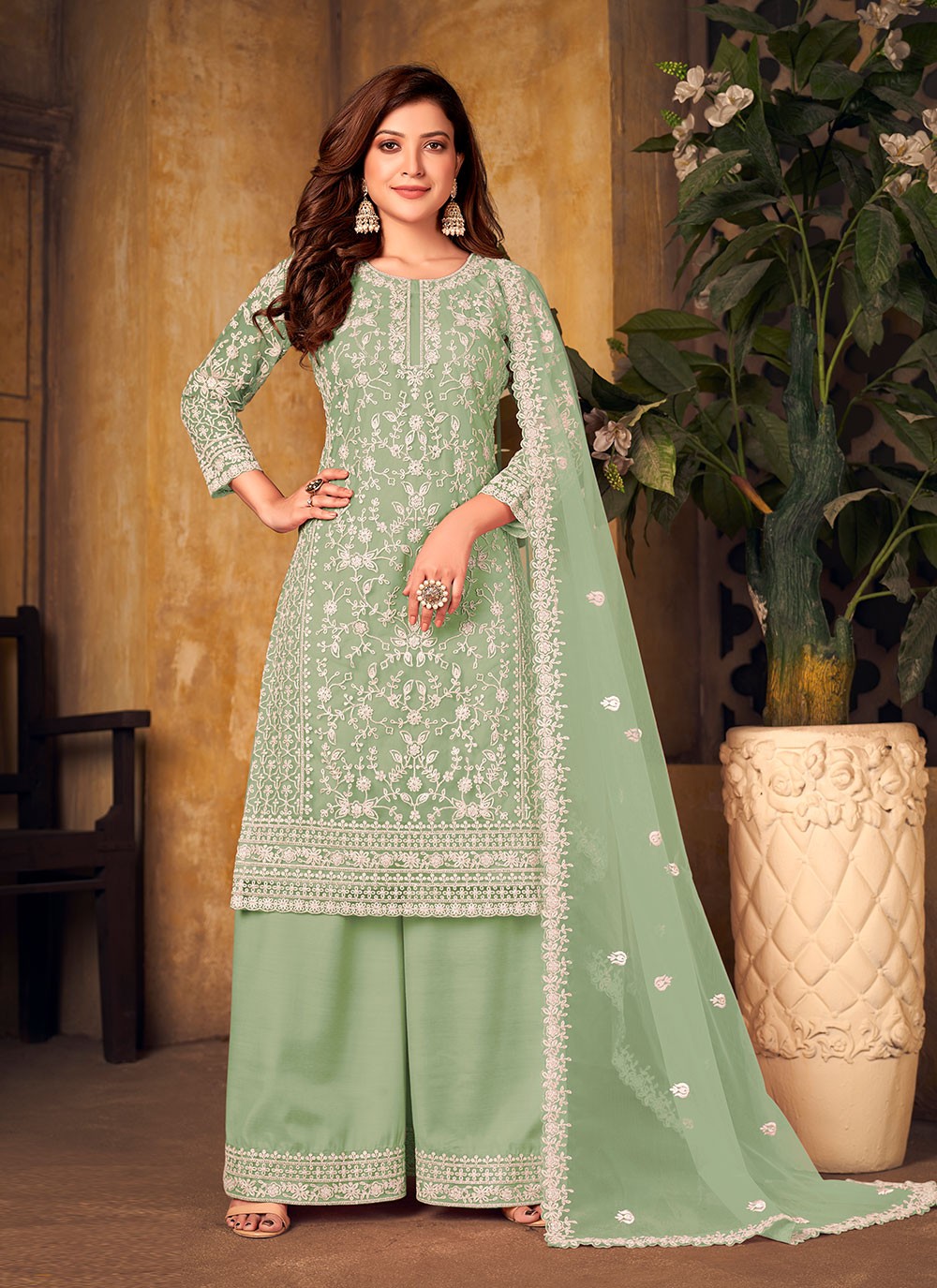 Buy Cord Net Palazzo Designer Salwar Suit in Green 225049 Pakistani Suits