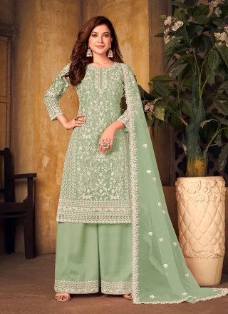 Cord Net Palazzo Designer Salwar Suit in Green