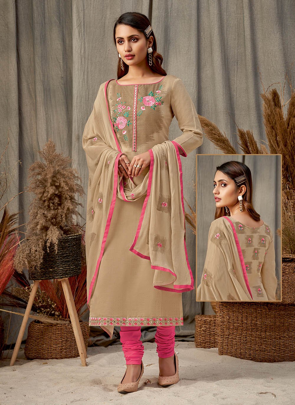 Chikan Embroidered Salwar Kameez Shalwar Pakistanais Indien en coton beige costume 