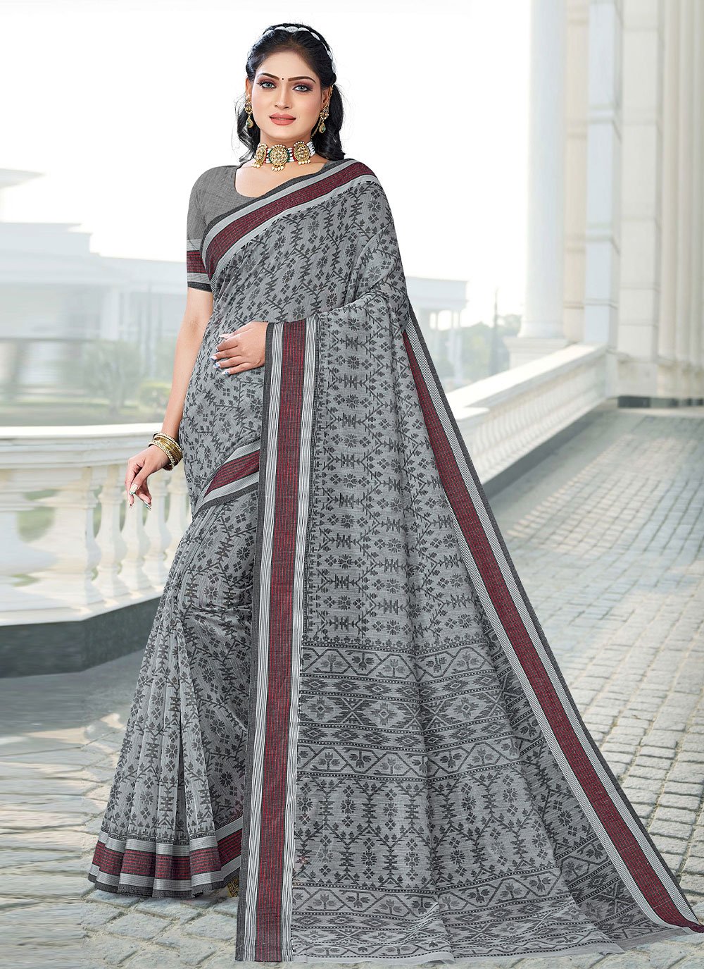 Grey Jaquard Semi-Stitched Half Saree with Black Border & Unstitched Blouse  With Dupatta - ShopGarb - 4069918