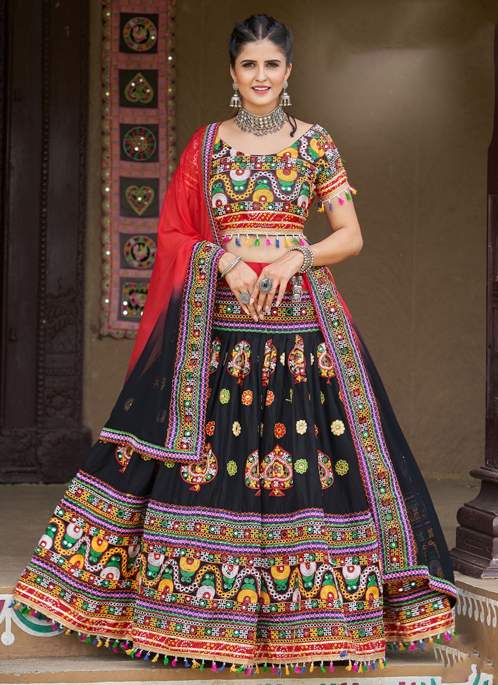 Black color viscose rayon lehenga with thread embroidered with all over mirror  work