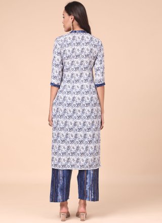 Cotton Blue and Off White Print Party Wear Kurti
