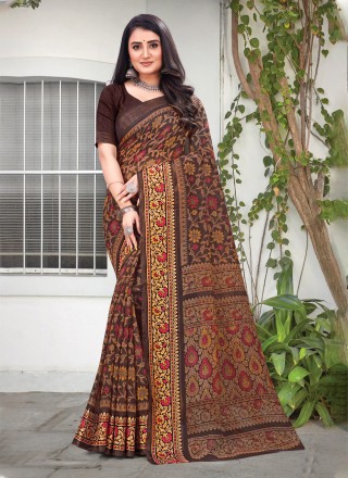 cotton brown printed casual saree 230813