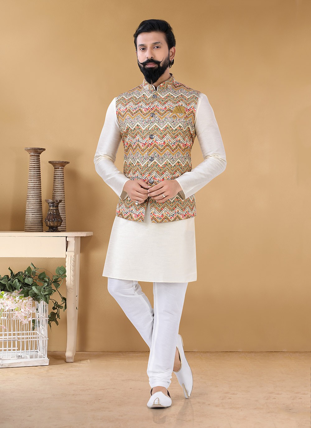 Cream colour kurta with on sale waistcoat