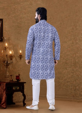 Cotton Digital Print Kurta Pyjama in Blue