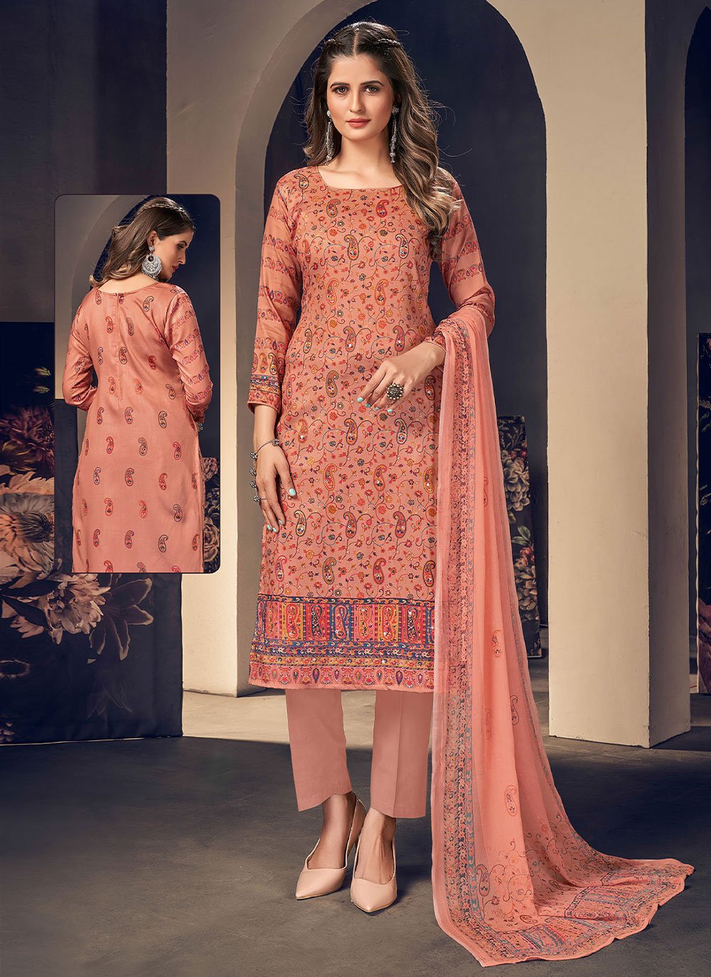 Cotton Digital Print Salwar Suit in Peach