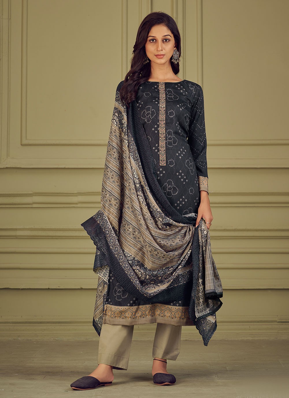 Cotton Digital Print Trendy Salwar Suit in Black