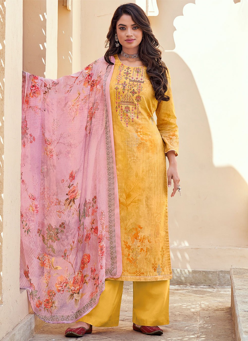 Cotton Digital Print Yellow Designer Pakistani Suit