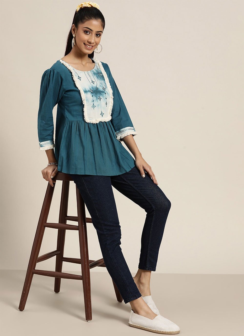 Cotton Embroidered Casual Kurti in Teal