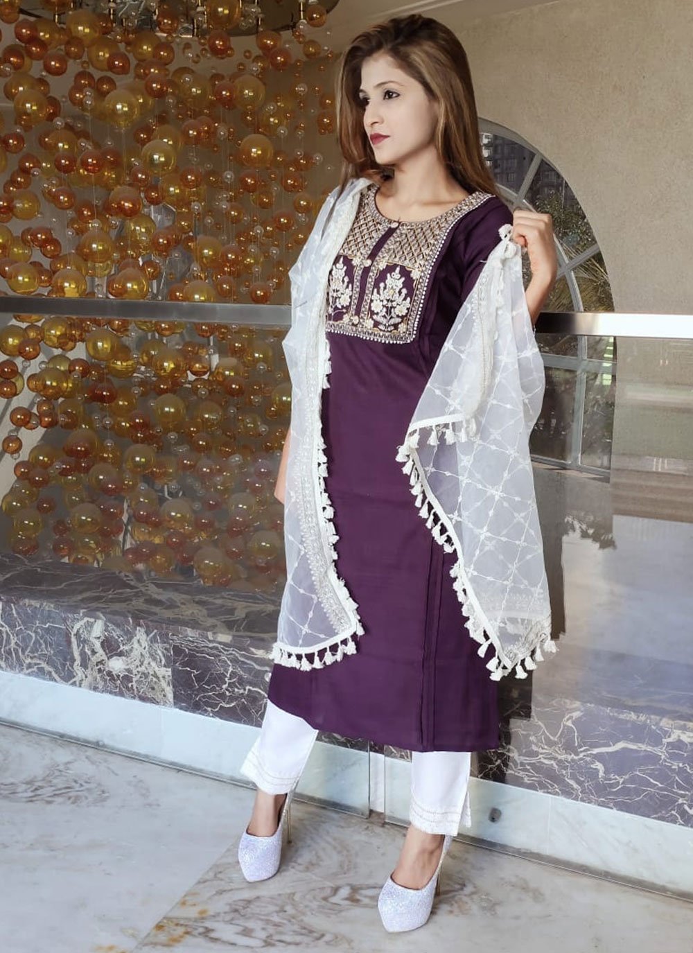 Cotton Embroidered Designer Straight Suit in Purple