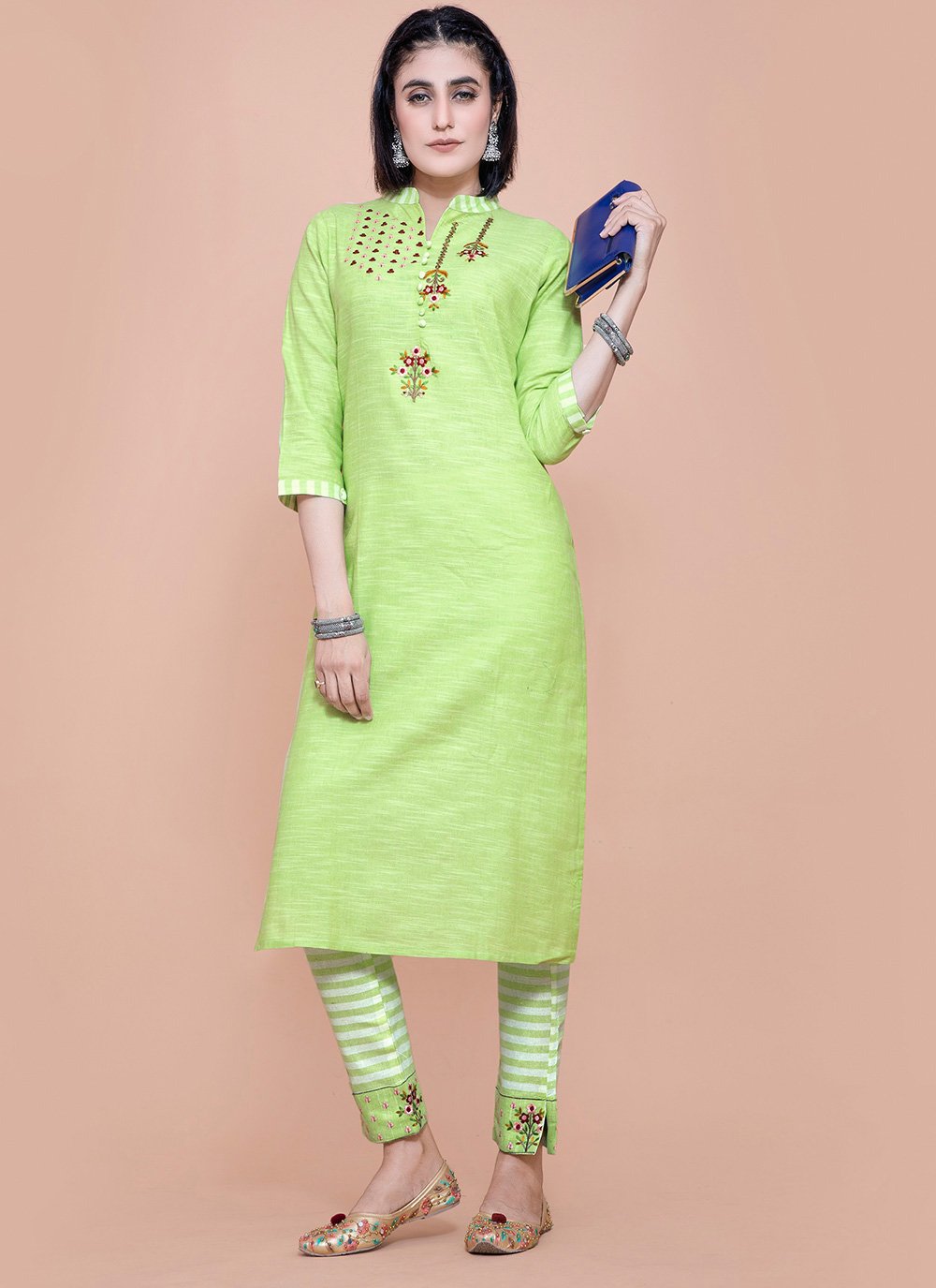 Cotton Embroidered Green Casual Kurti
