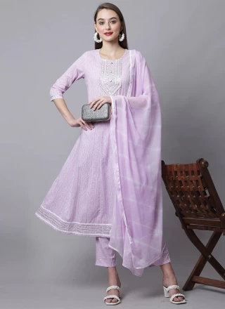 Cotton Embroidered Lavender Pant Style Suit