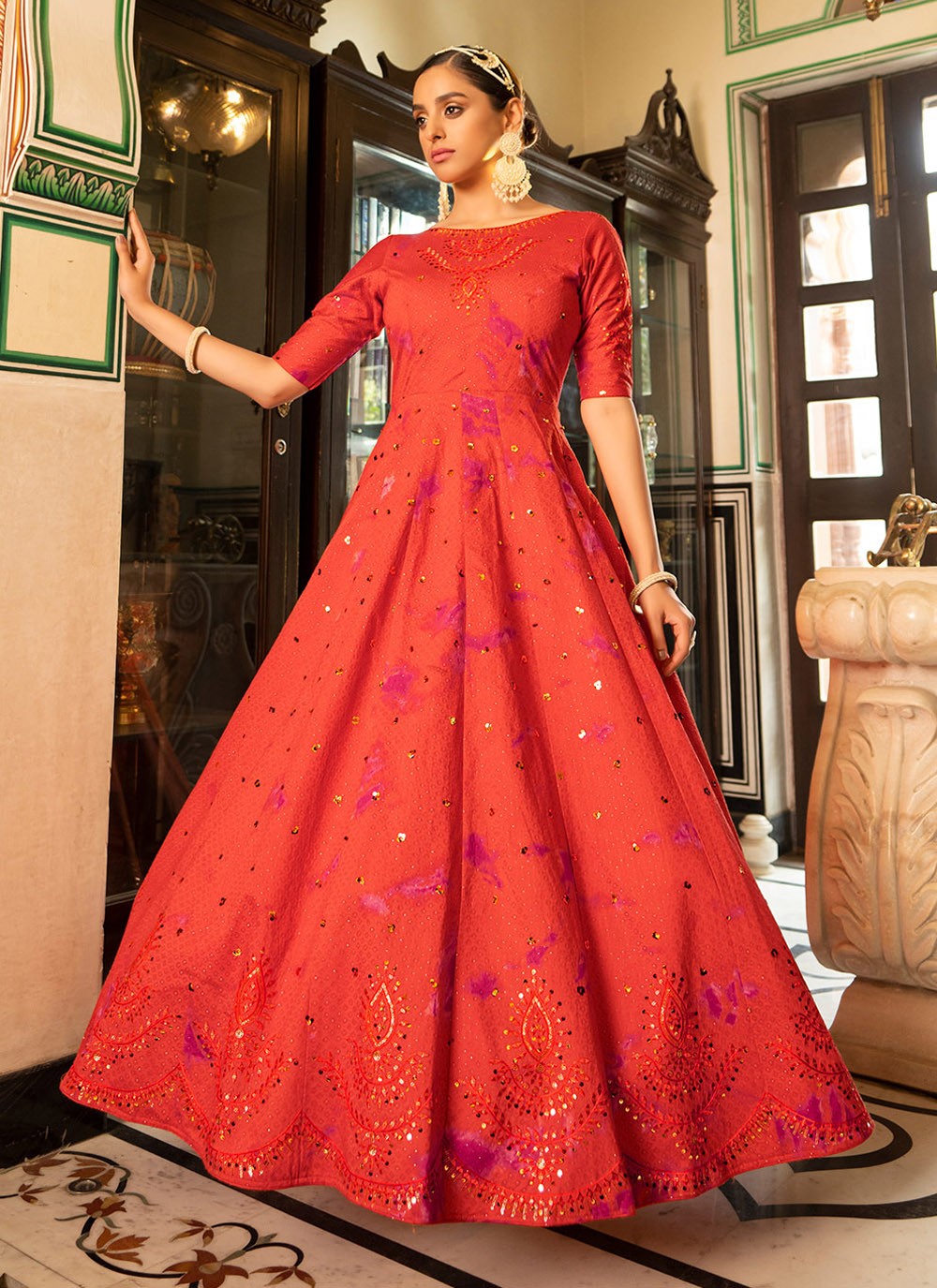 Cotton Embroidered Orange Floor Length Gown