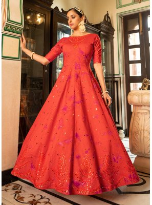 Cotton Embroidered Orange Floor Length Gown