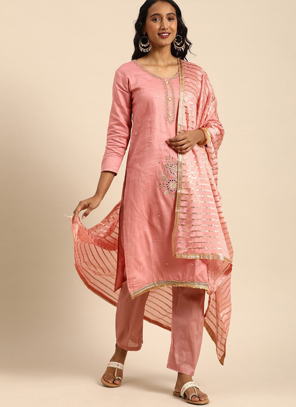 Cotton Embroidered Pink Designer Straight Suit