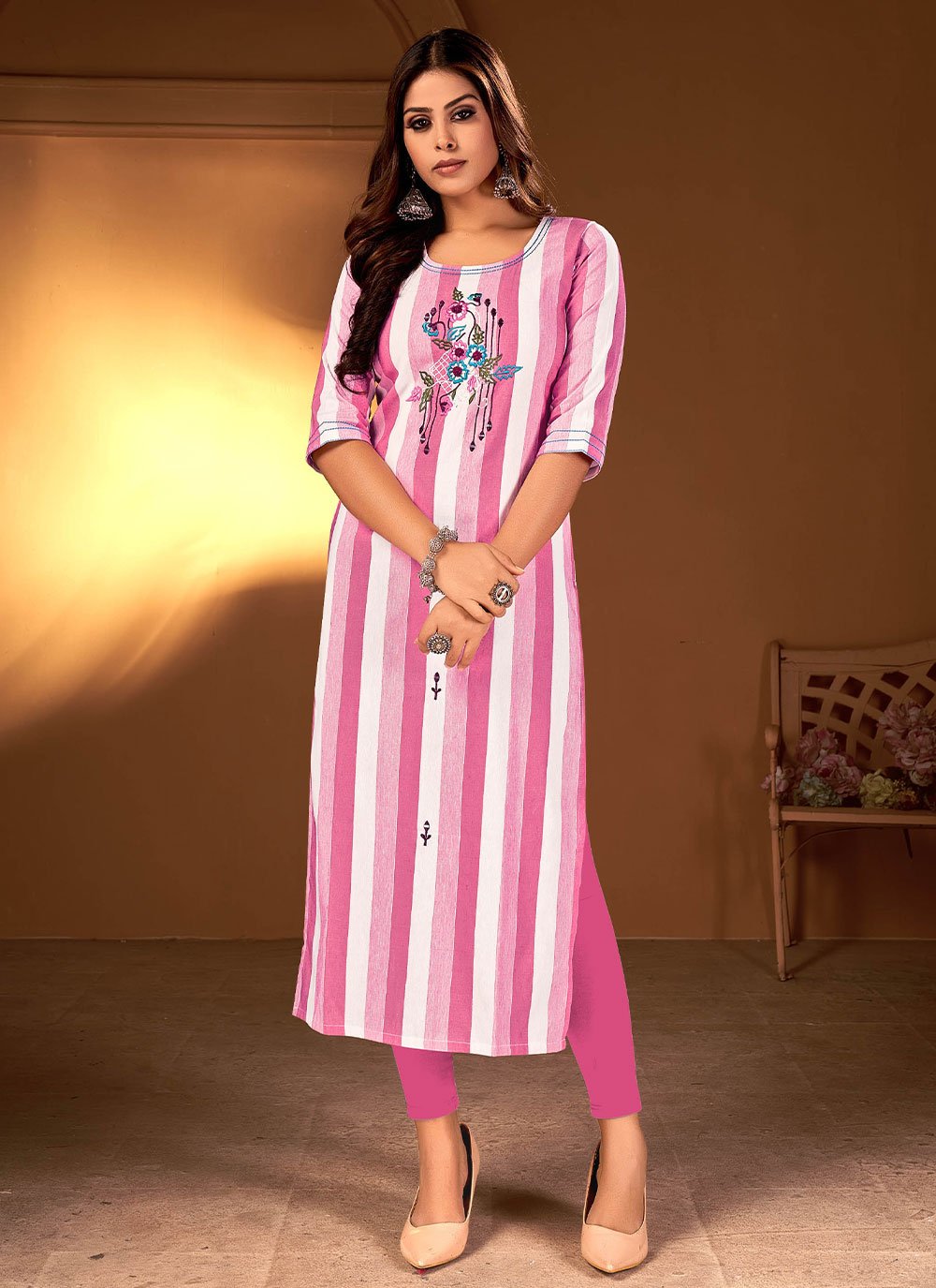 Cotton Embroidered Pink Party Wear Kurti