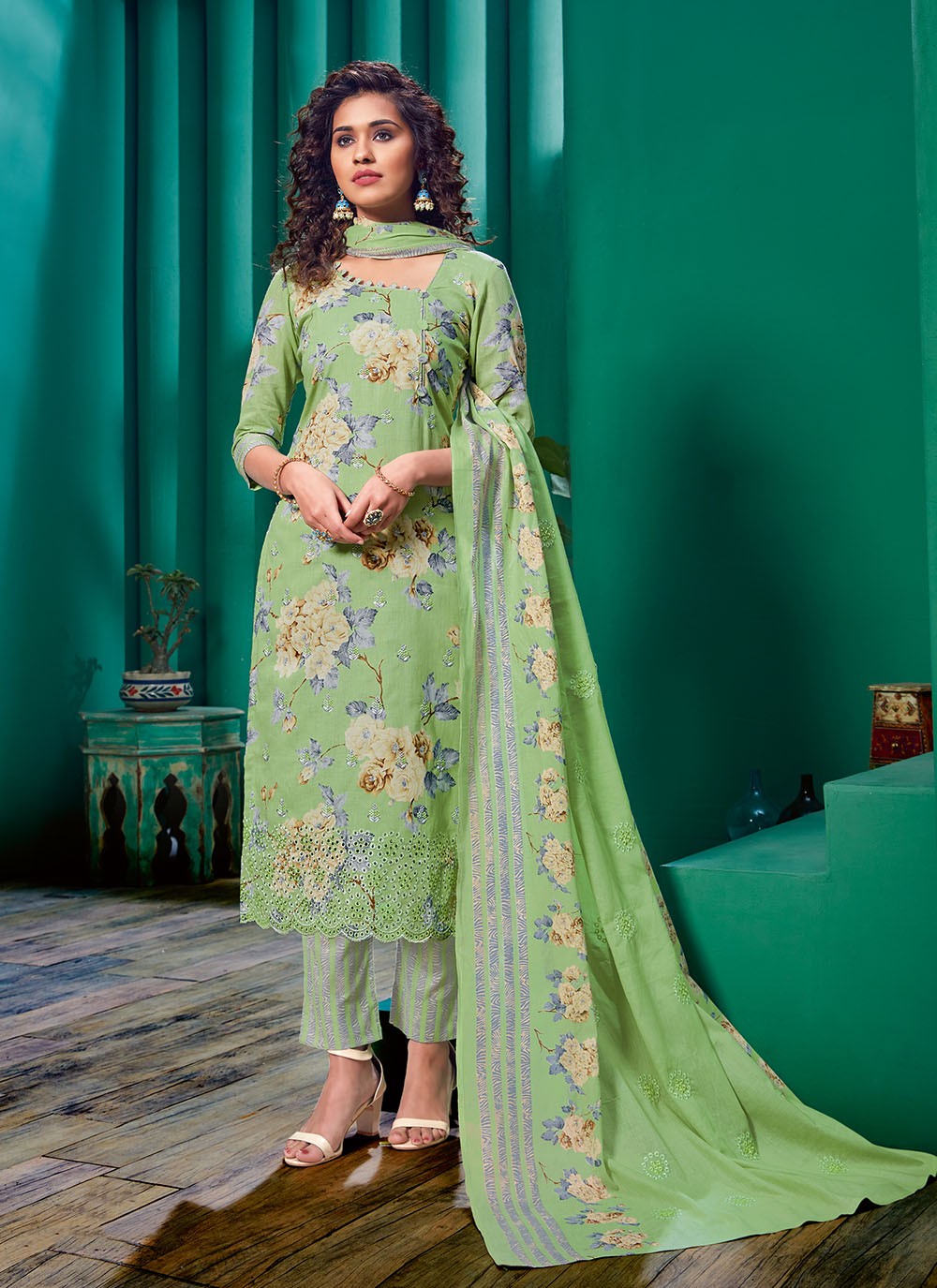 Cotton Green Floral Print Designer Salwar Suit