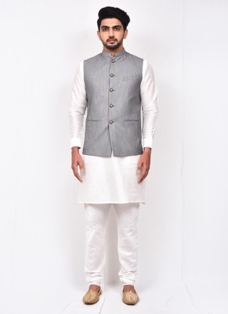 Cotton Grey and White Buttons Kurta Payjama With Jacket