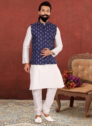 Cotton Kurta Payjama With Jacket in Blue and Off White