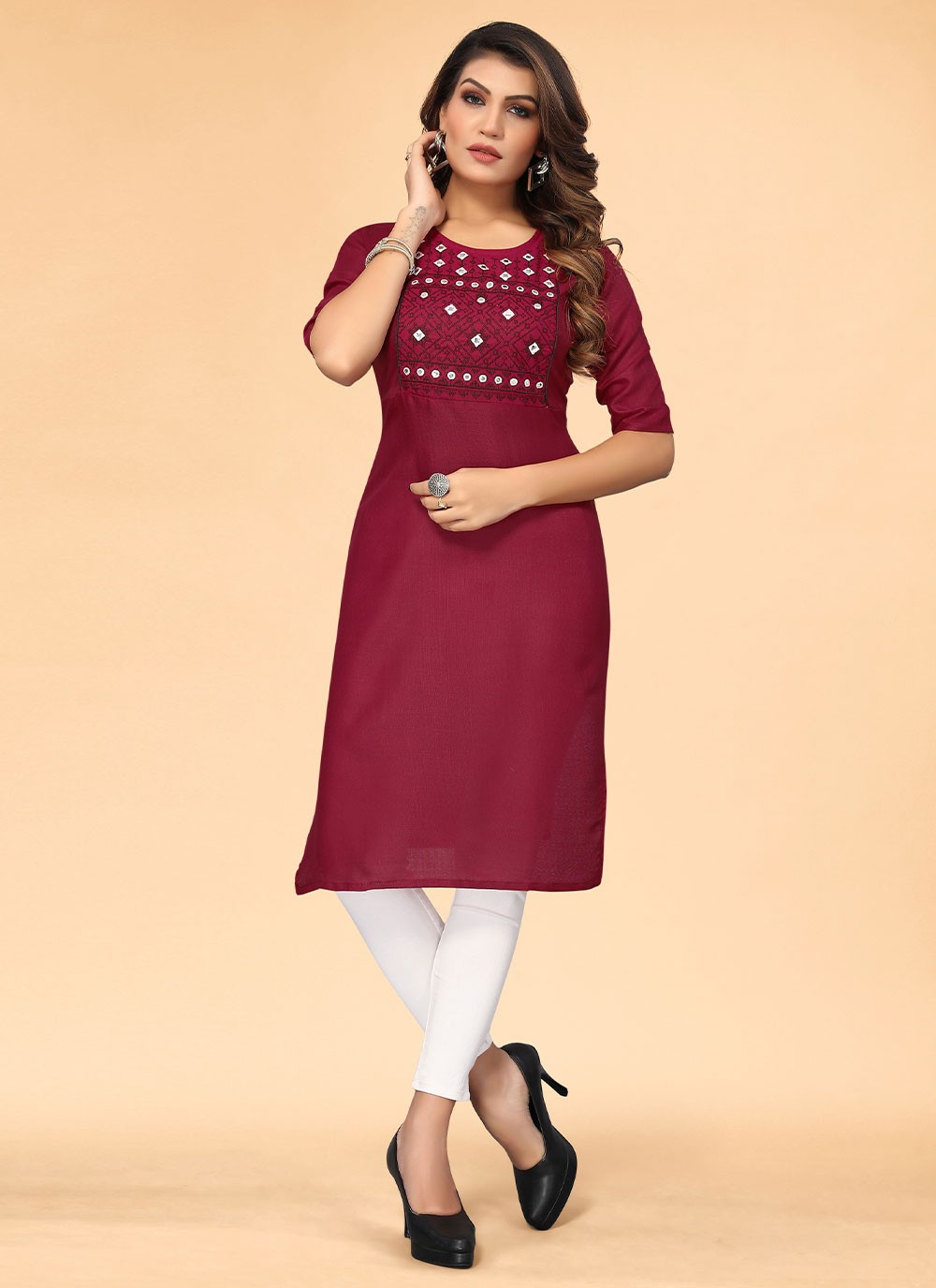 Cotton Maroon Embroidered Casual Kurti