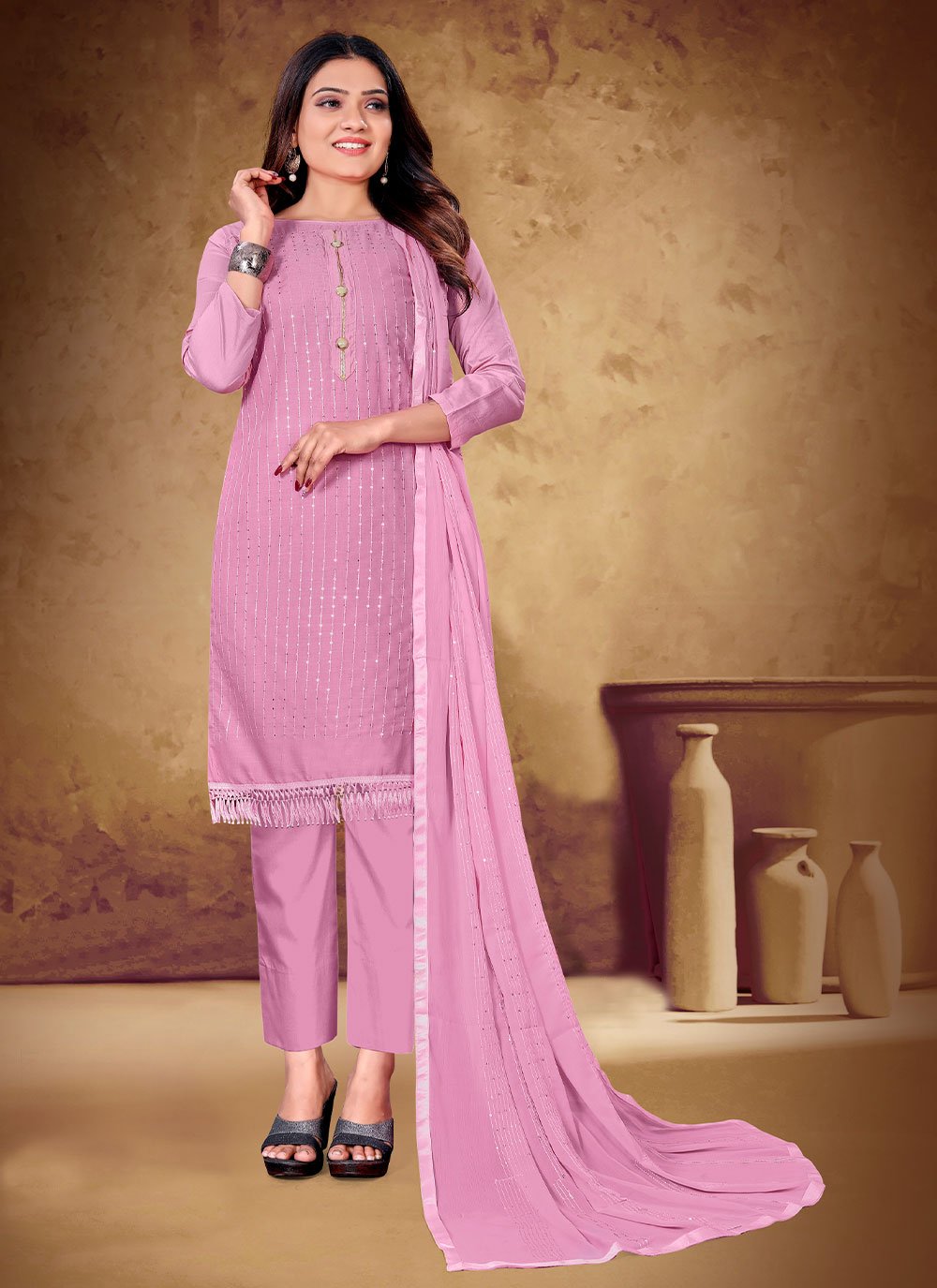 Cotton Mauve  Embroidered Pant Style Suit