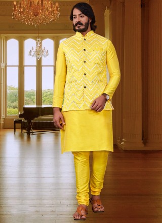 Cotton Mirror Yellow Kurta Payjama With Jacket